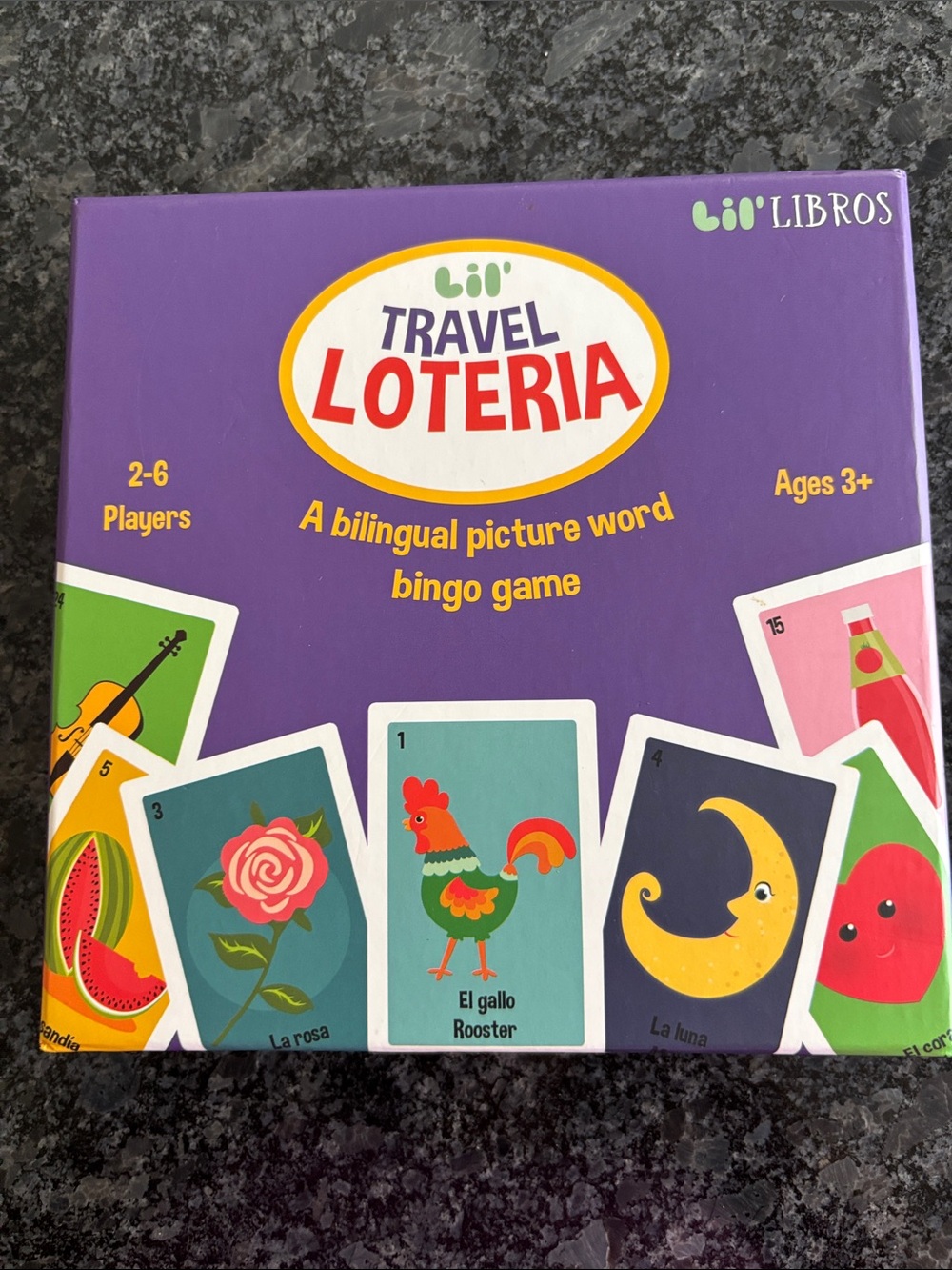 Travel Loteria Bingo Game - bi-lingual picture word game, 2-6 players, ages 3+